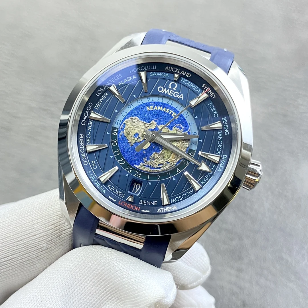 Omega Seamaster Aqua Terra World Time Blue Dial 43mm — photographed off the sweep