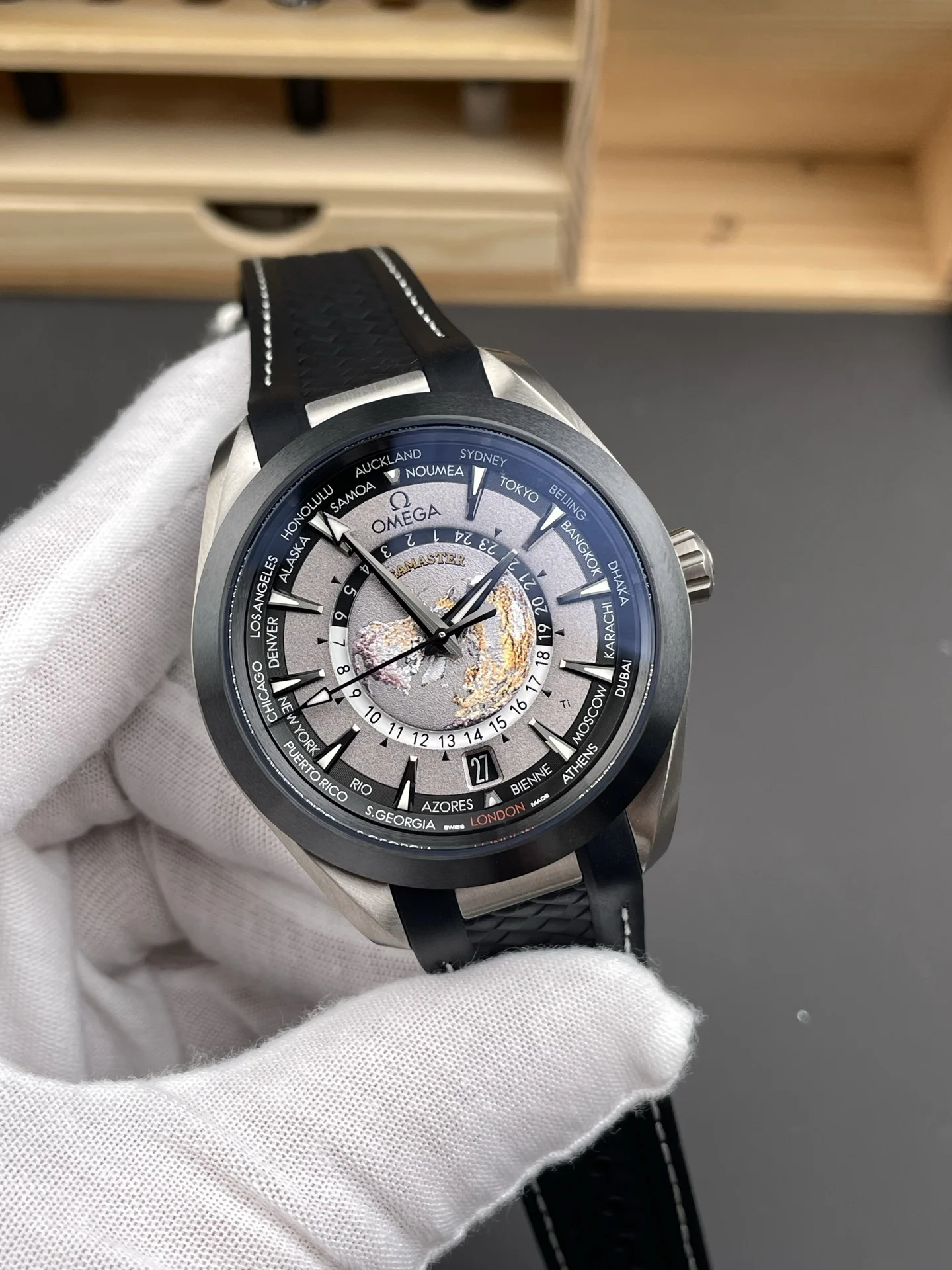 Omega Seamaster Aqua Terra World Time Titanium Black Dial 43mm — photographed off the sweep