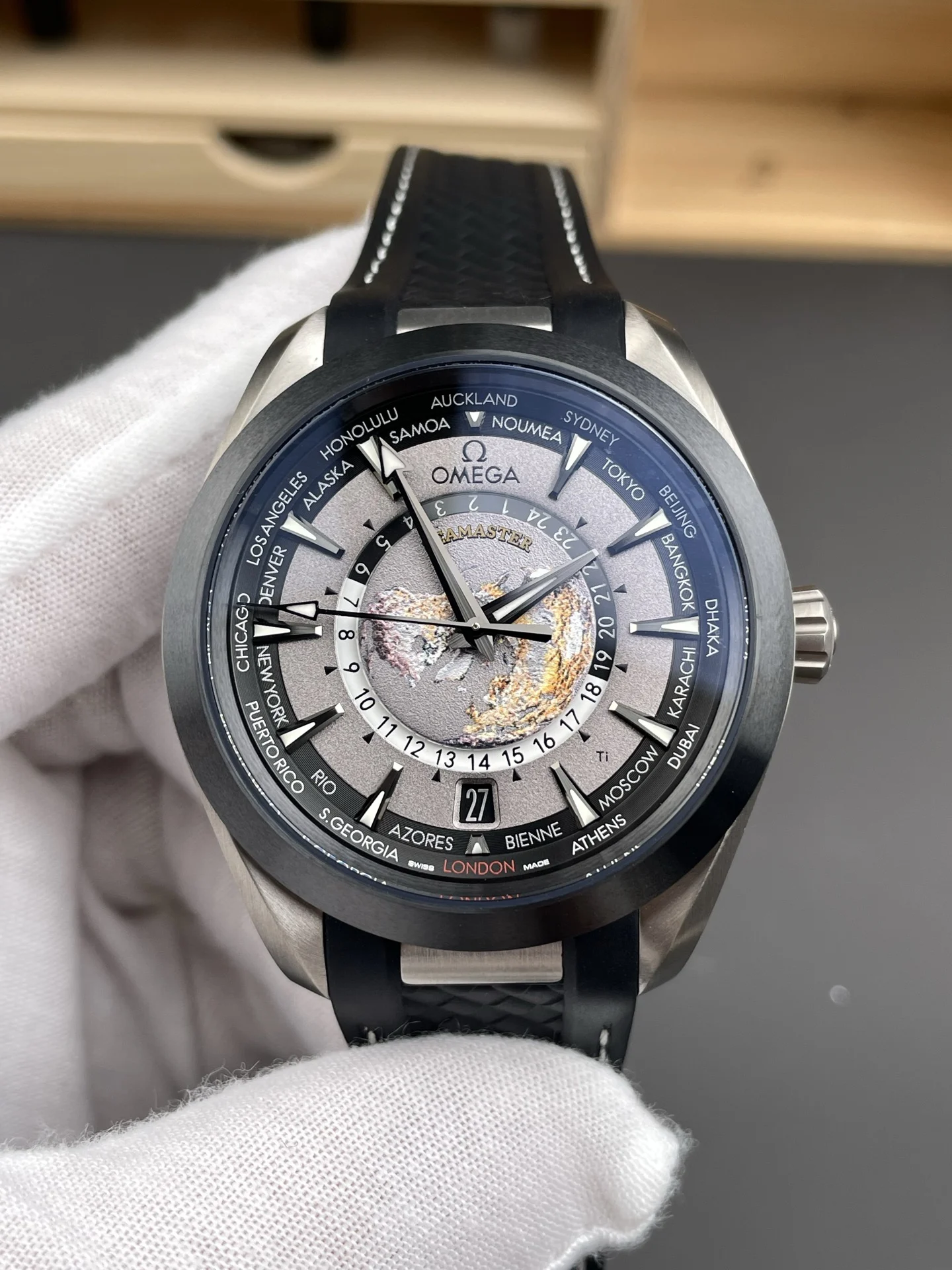Omega Seamaster Aqua Terra World Time Titanium Black Dial 43mm — photographed off the sweep