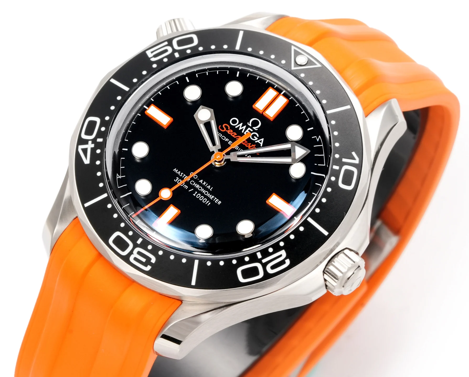 Omega Seamaster Ceramic Orange Dial — photographed off the sweep