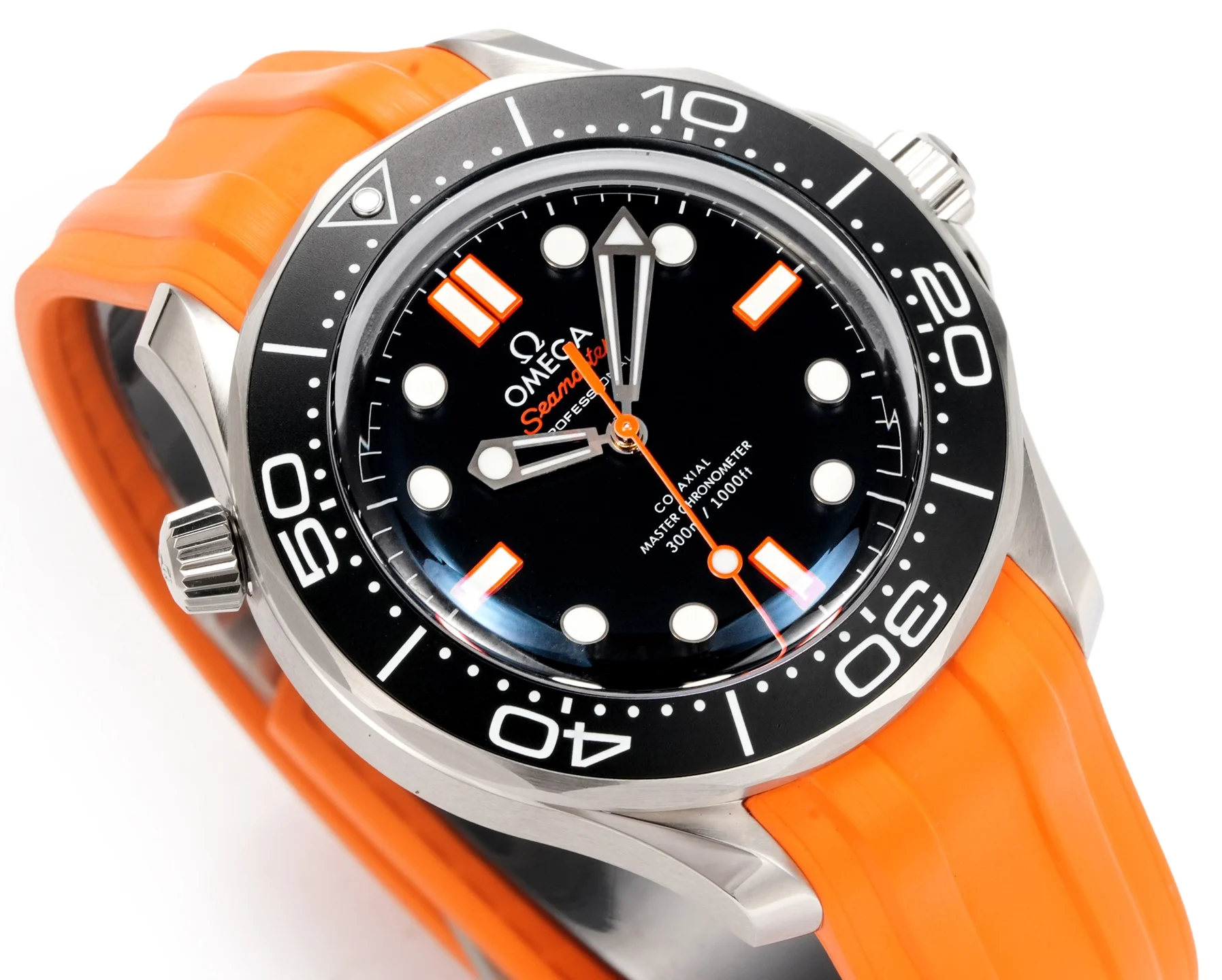 Omega Seamaster Ceramic Orange Dial — photographed off the sweep