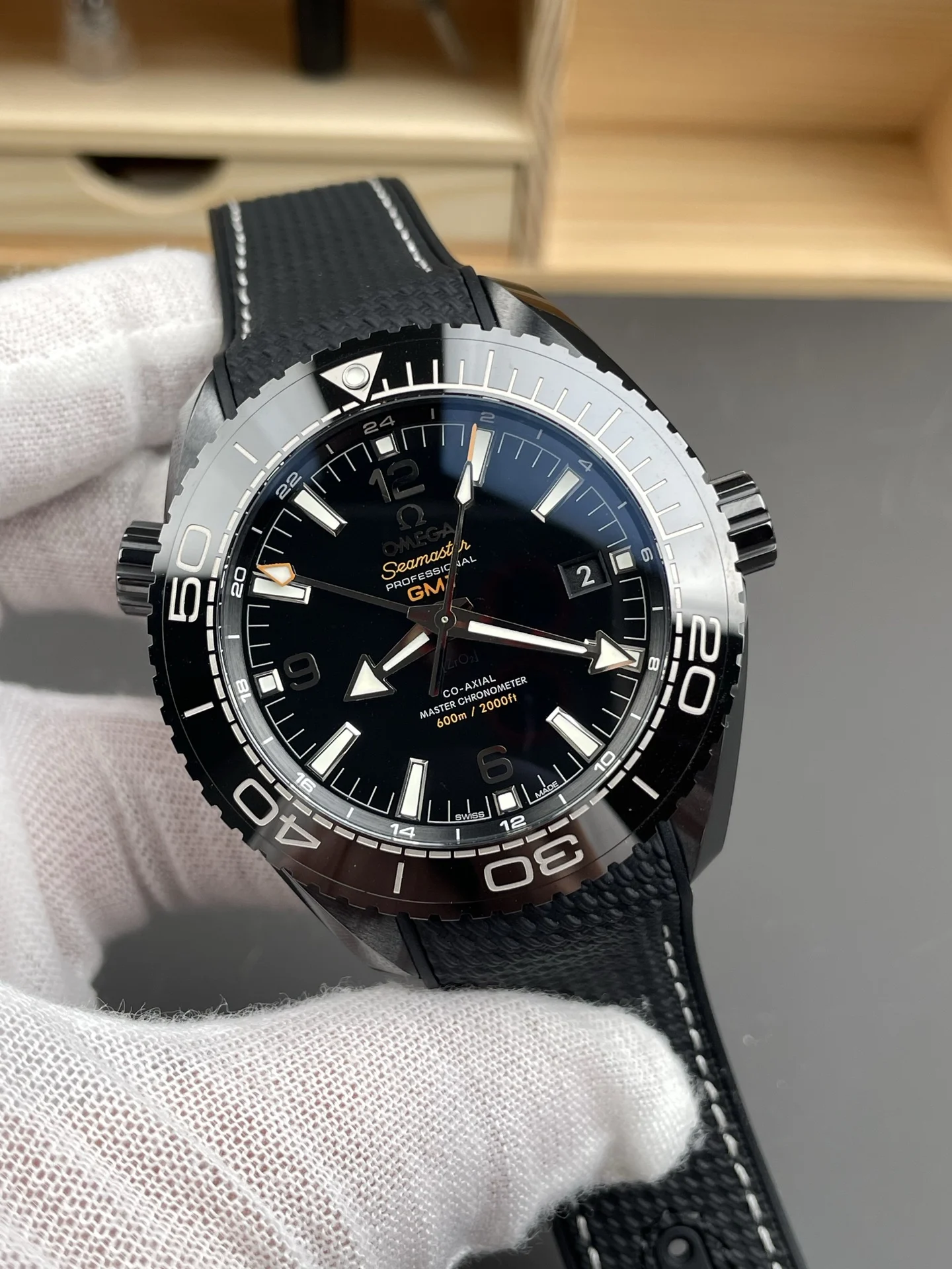Omega Seamaster Planet Ocean 45.5mm — photographed off the sweep