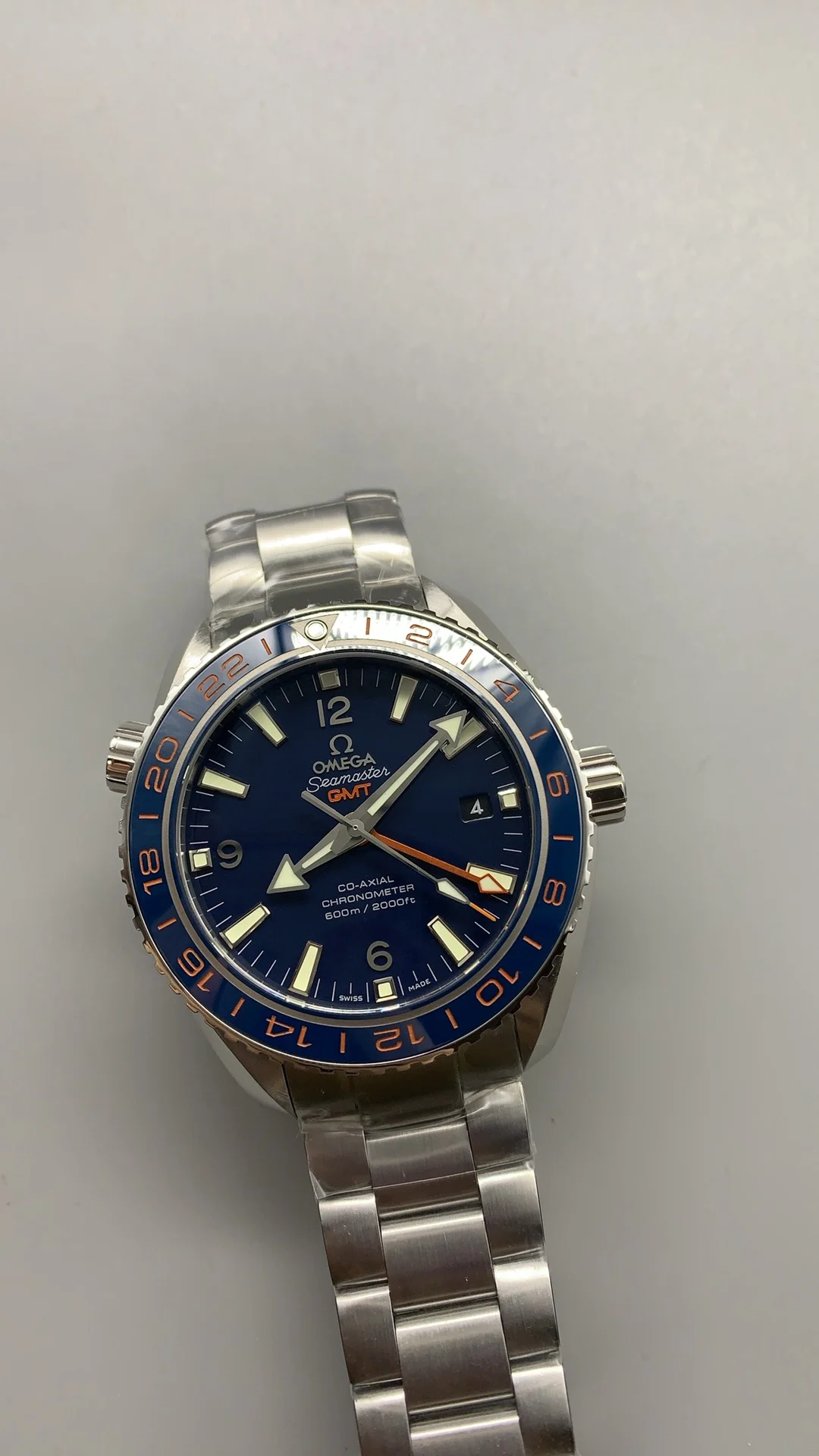 Omega Seamaster Planet Ocean Blue Dial — photographed off the sweep