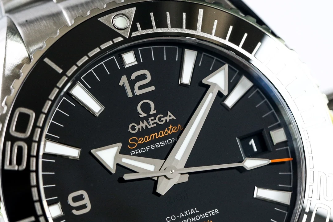 Omega Seamaster Planet Ocean Ceramic 215.30.44.21.03.001 — photographed off the sweep
