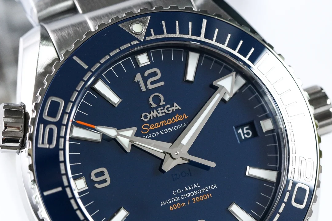 Omega Seamaster Planet Ocean Ceramic Blue Dial 215.30.44.21.03.001 — photographed off the sweep