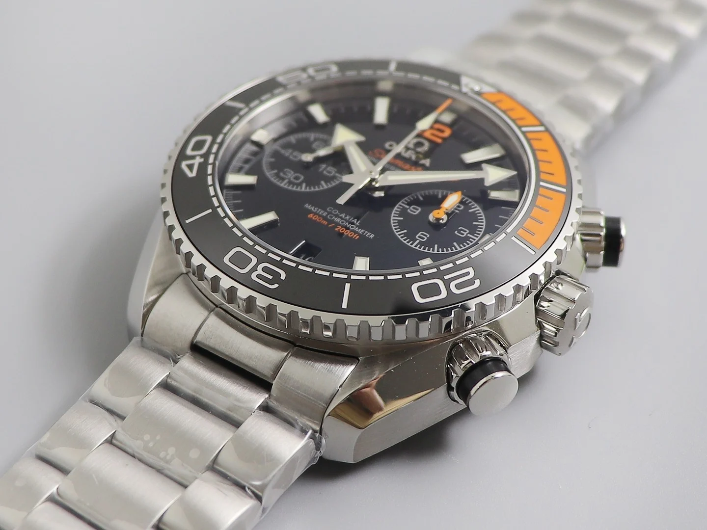Omega Seamaster Planet Ocean Ceramic Silver Dial β photographed off the sweep