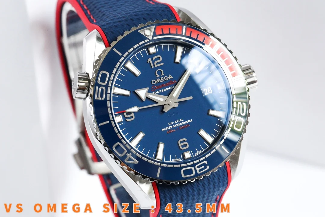Omega Seamaster Planet Ocean Pepsi Ceramic Blue Dial 43.5mm — photographed off the sweep