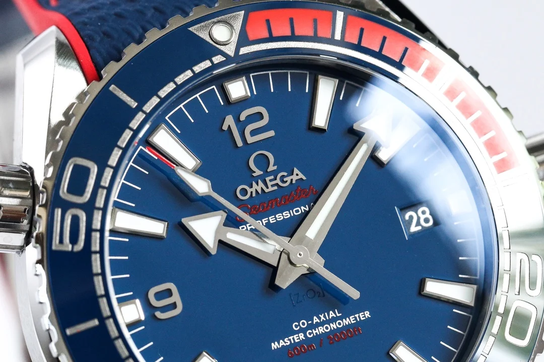 Omega Seamaster Planet Ocean Pepsi Ceramic Blue Dial 43.5mm — photographed off the sweep
