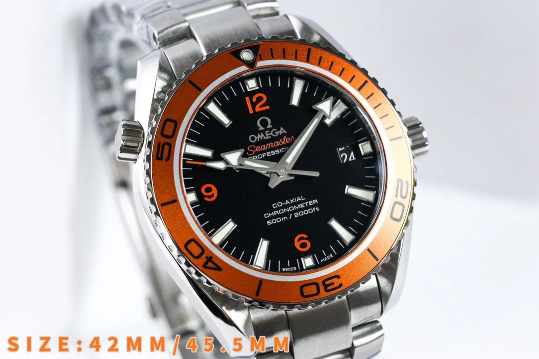 Omega Seamaster Planet Ocean Steel Orange Dial 42mm — photographed off the sweep