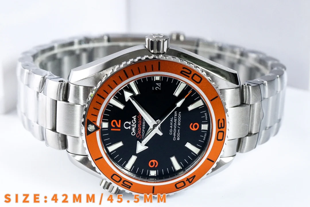 Omega Seamaster Planet Ocean Steel Orange Dial 42mm — photographed off the sweep