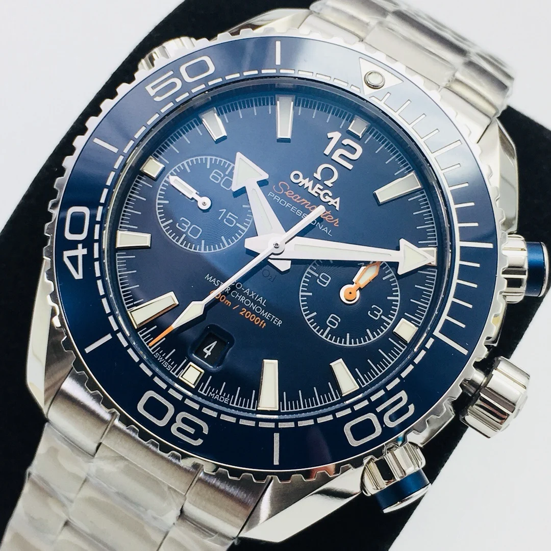 Omega Seamaster Planet Ocean Steel Orange Dial 45.50mm — photographed off the sweep