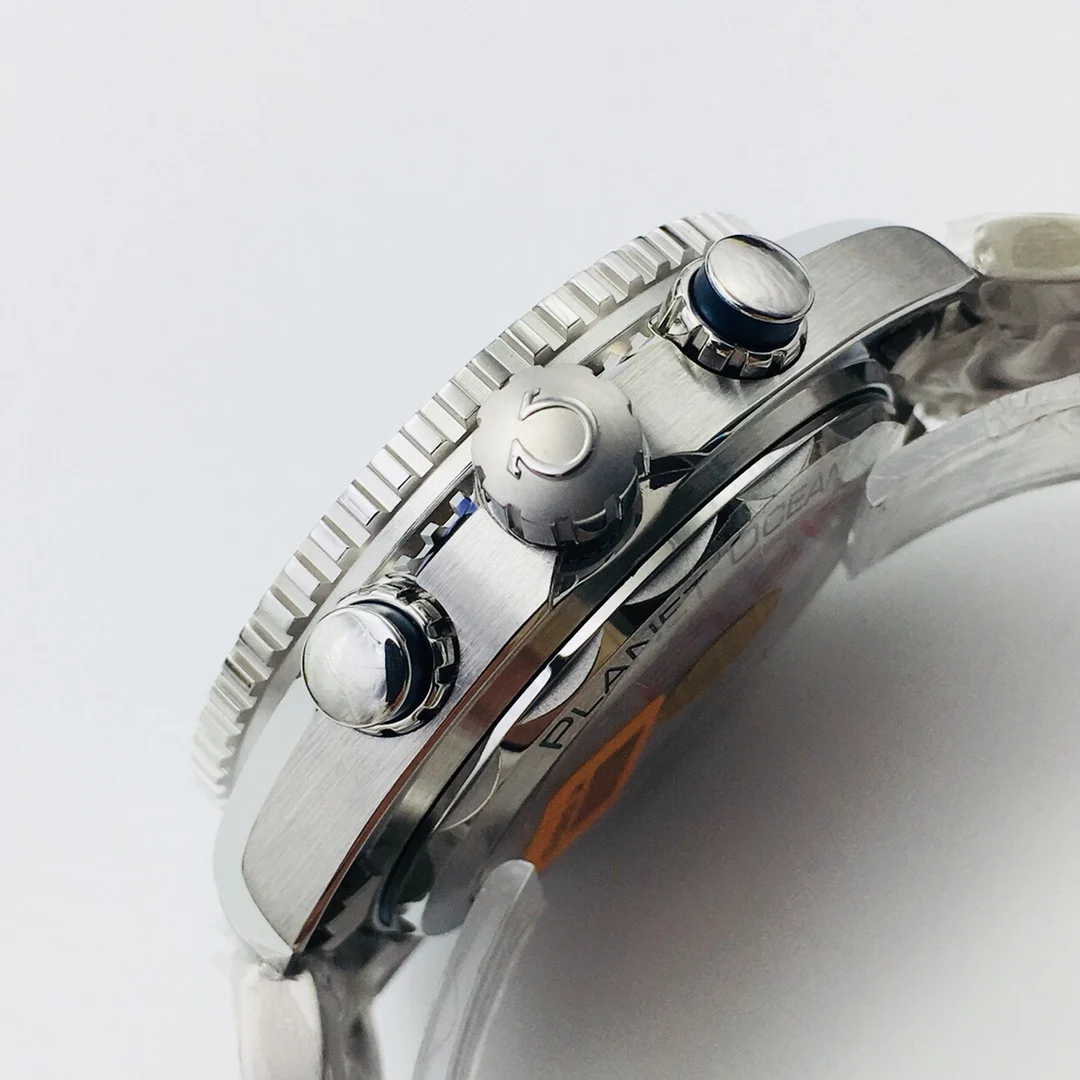 Omega Seamaster Planet Ocean Steel Orange Dial 45.50mm — photographed off the sweep
