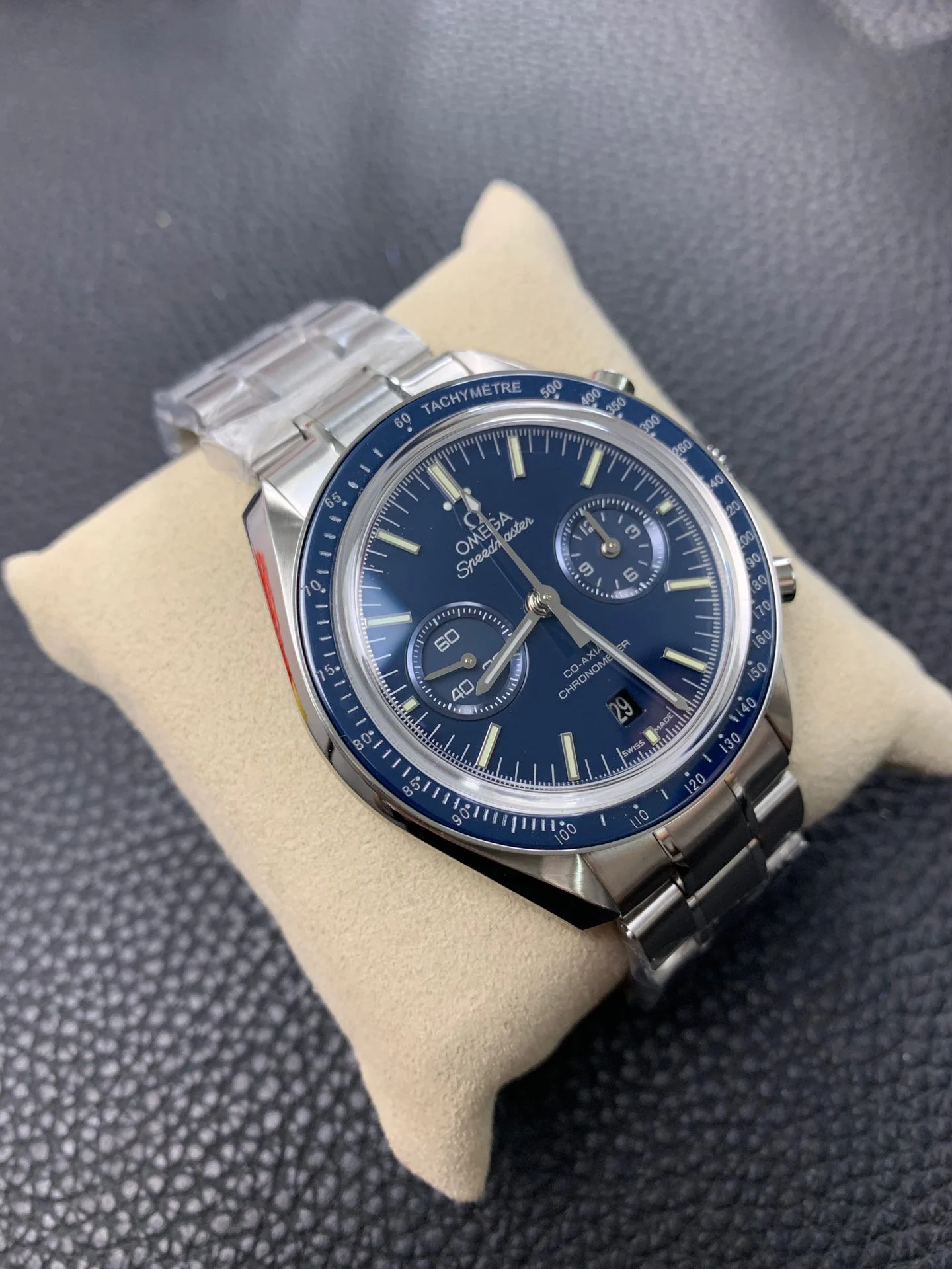 Omega Speedmaster Blue Dial — photographed off the sweep