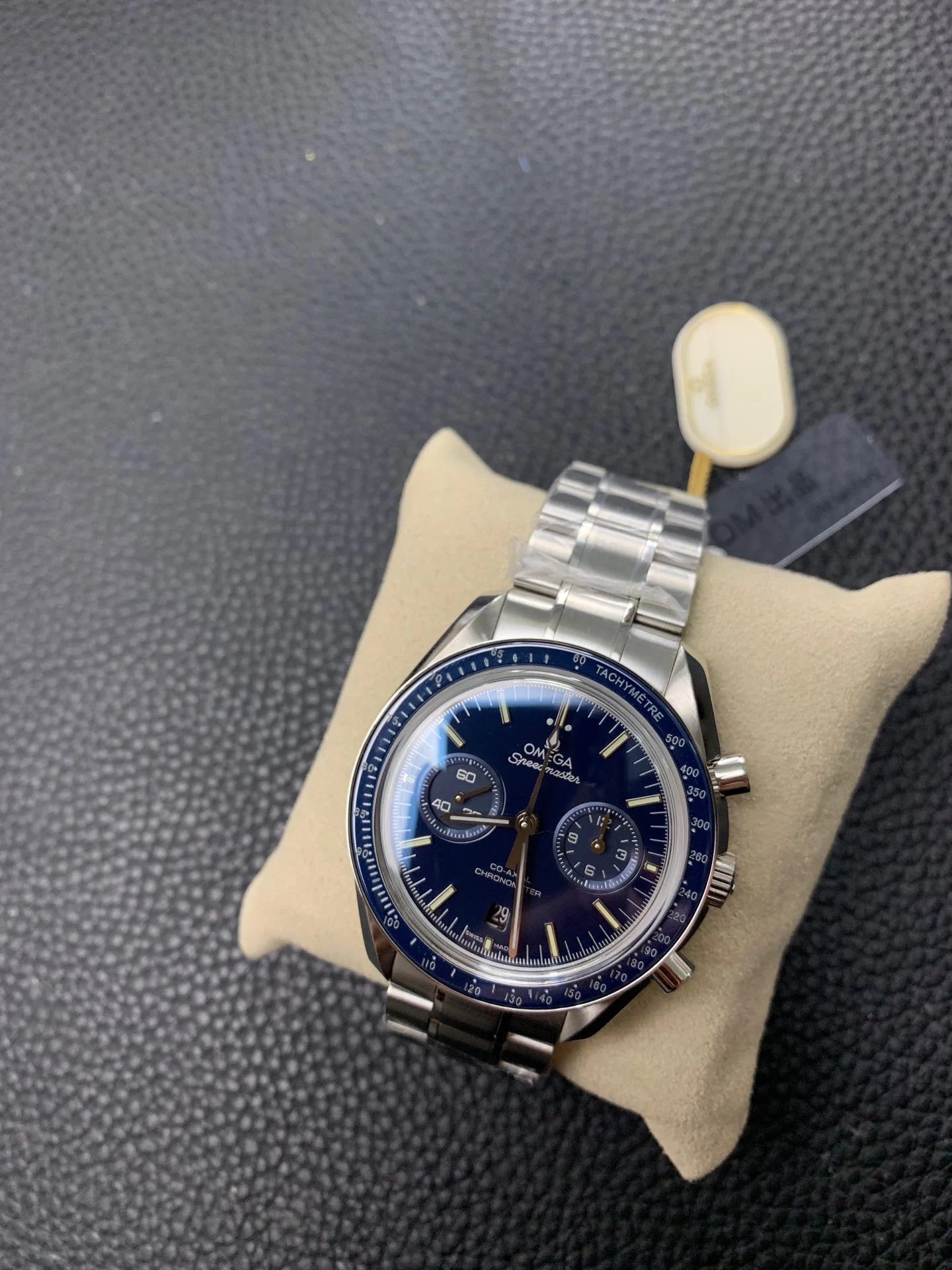 Omega Speedmaster Blue Dial — photographed off the sweep