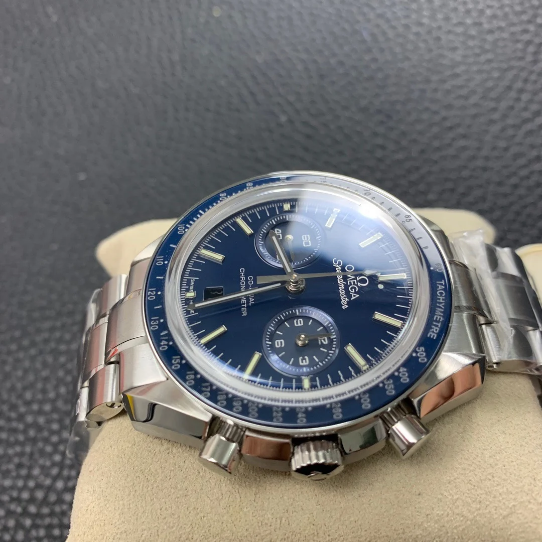 Omega Speedmaster Blue Dial — photographed off the sweep