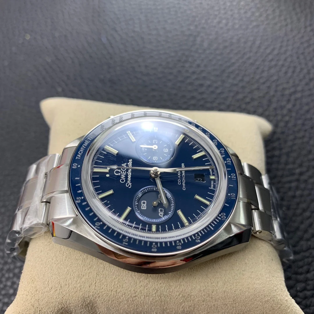 Omega Speedmaster Blue Dial — photographed off the sweep