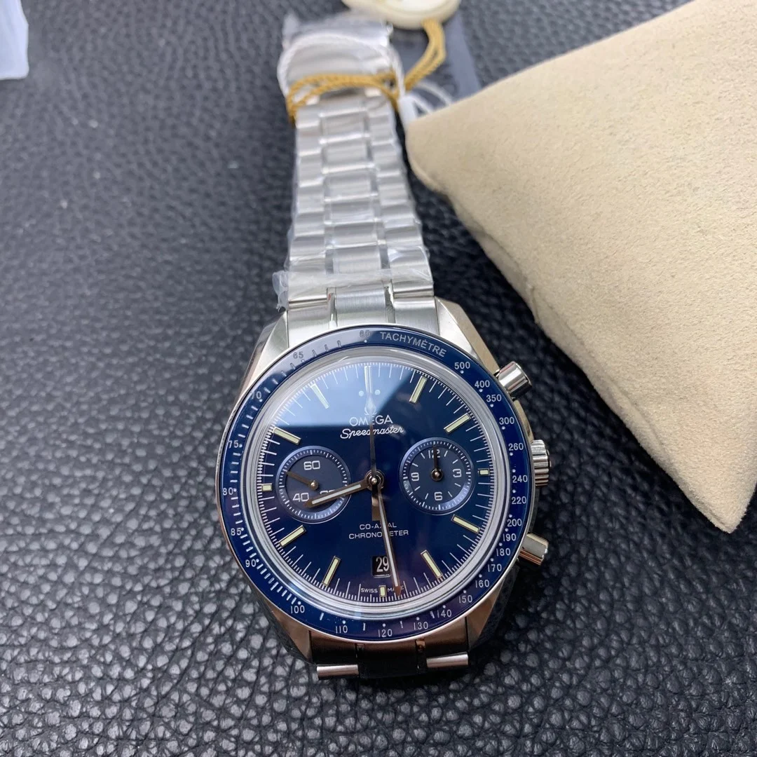 Omega Speedmaster Blue Dial — photographed off the sweep