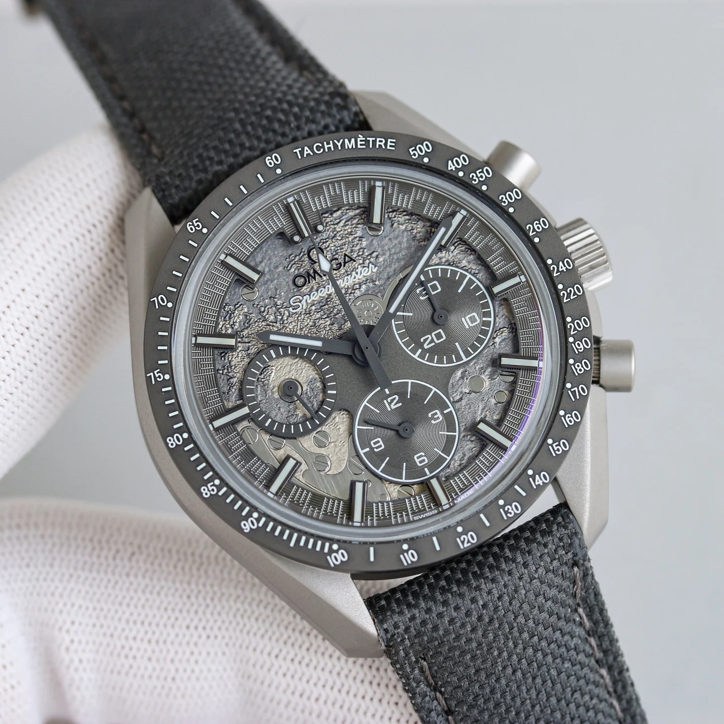 Omega Speedmaster Ceramic Grey Dial — photographed off the sweep