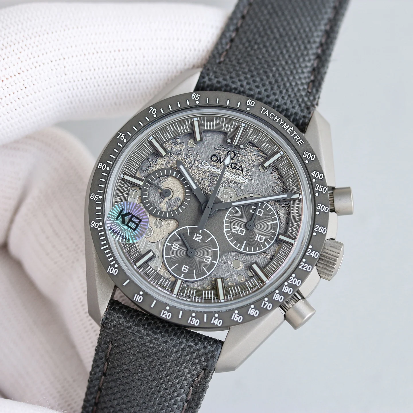 Omega Speedmaster Ceramic Grey Dial — photographed off the sweep