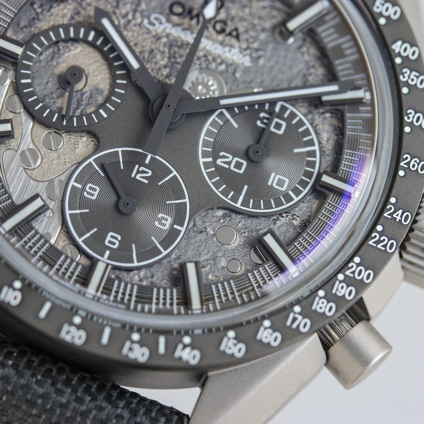 Omega Speedmaster Ceramic Grey Dial — photographed off the sweep