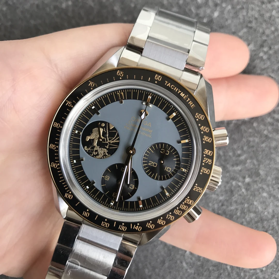 Omega Speedmaster Moonwatch Yellow Gold Black Dial — photographed off the sweep