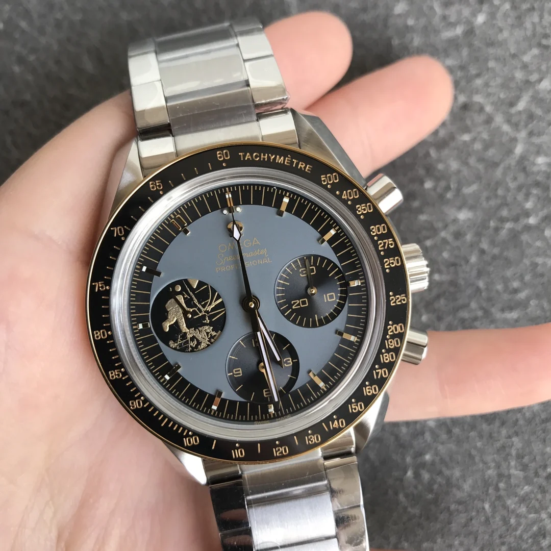 Omega Speedmaster Moonwatch Yellow Gold Black Dial — photographed off the sweep
