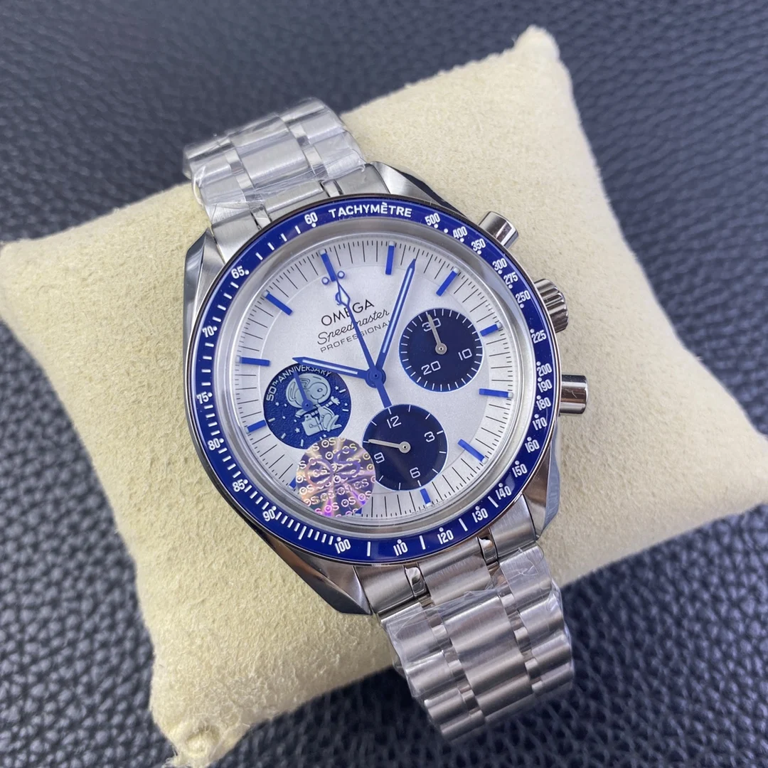 Omega Speedmaster Snoopy Ceramic Blue Dial 42mm — photographed off the sweep