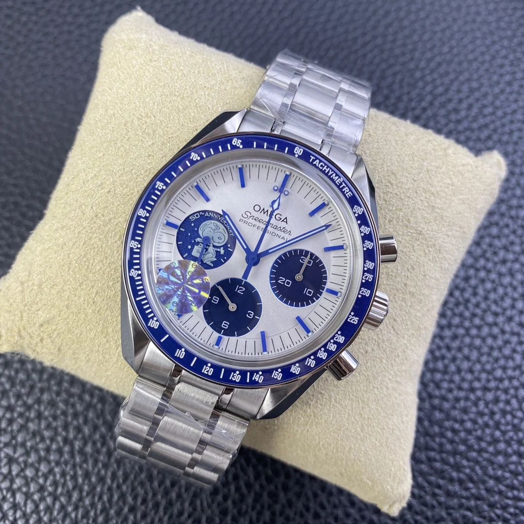 Omega Speedmaster Snoopy Ceramic Blue Dial 42mm — photographed off the sweep