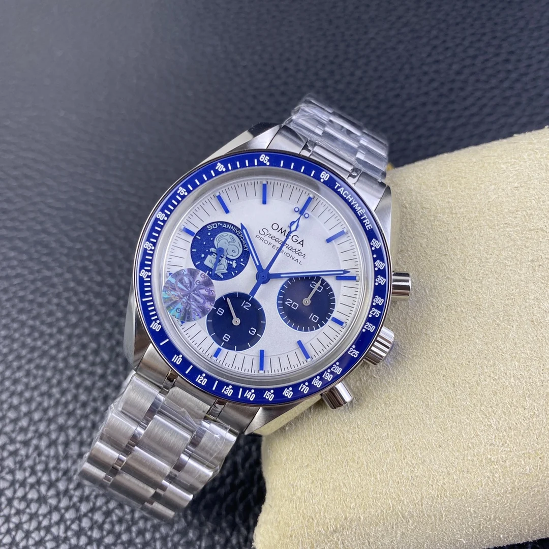 Omega Speedmaster Snoopy Ceramic Blue Dial 42mm — photographed off the sweep