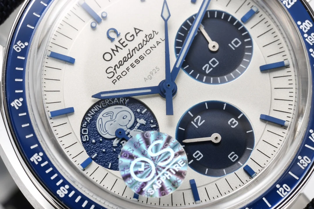 Omega Speedmaster Snoopy Ceramic Blue Dial 42mm — photographed off the sweep