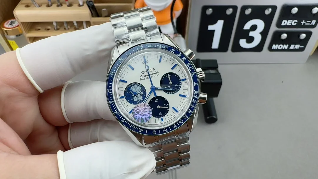 Omega Speedmaster Snoopy Steel — photographed off the sweep