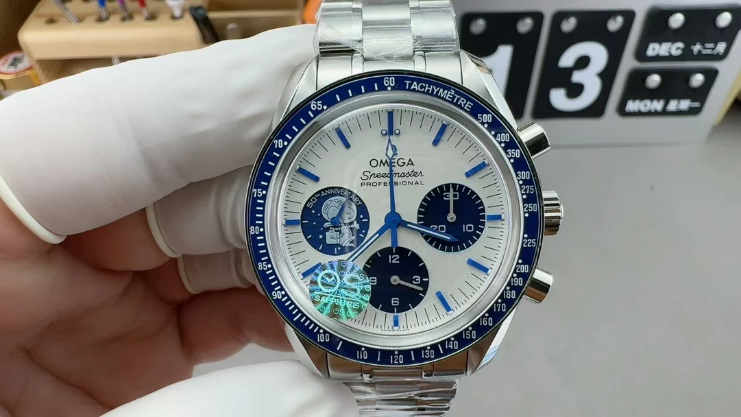 Omega Speedmaster Snoopy Steel — photographed off the sweep