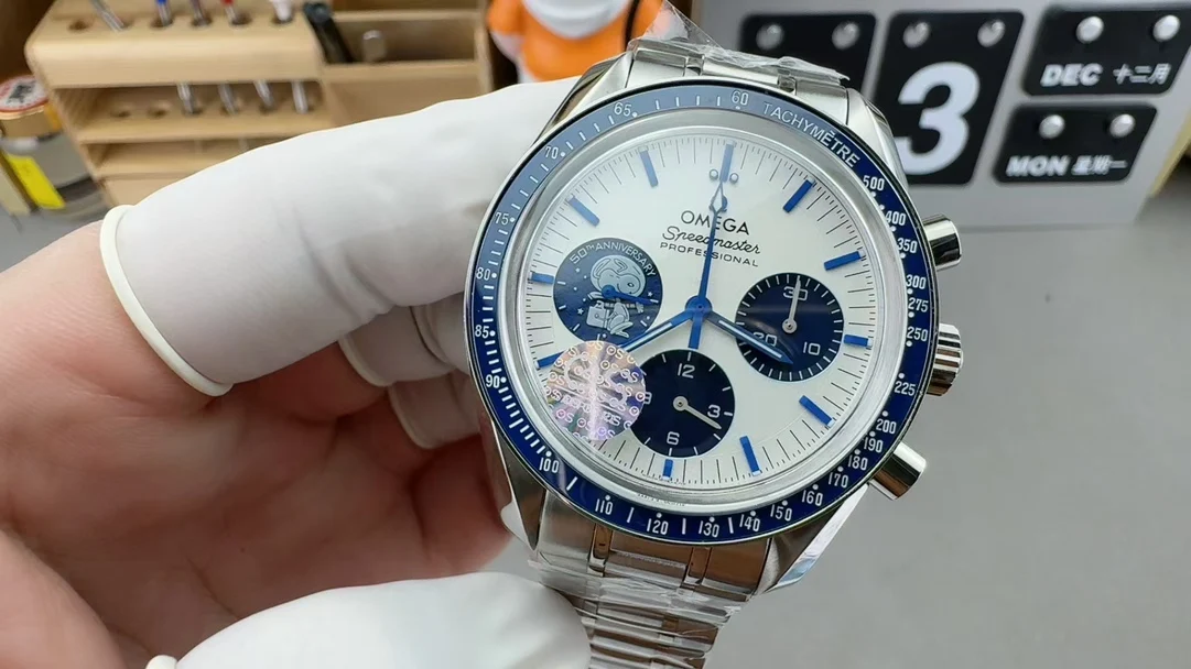 Omega Speedmaster Snoopy Steel — photographed off the sweep