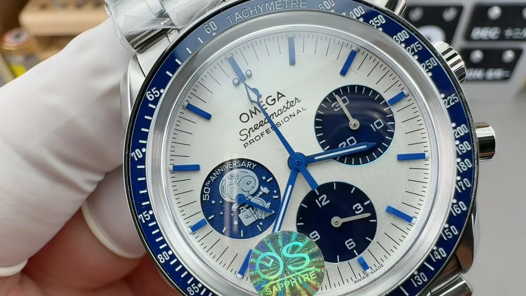 Omega Speedmaster Snoopy Steel — photographed off the sweep