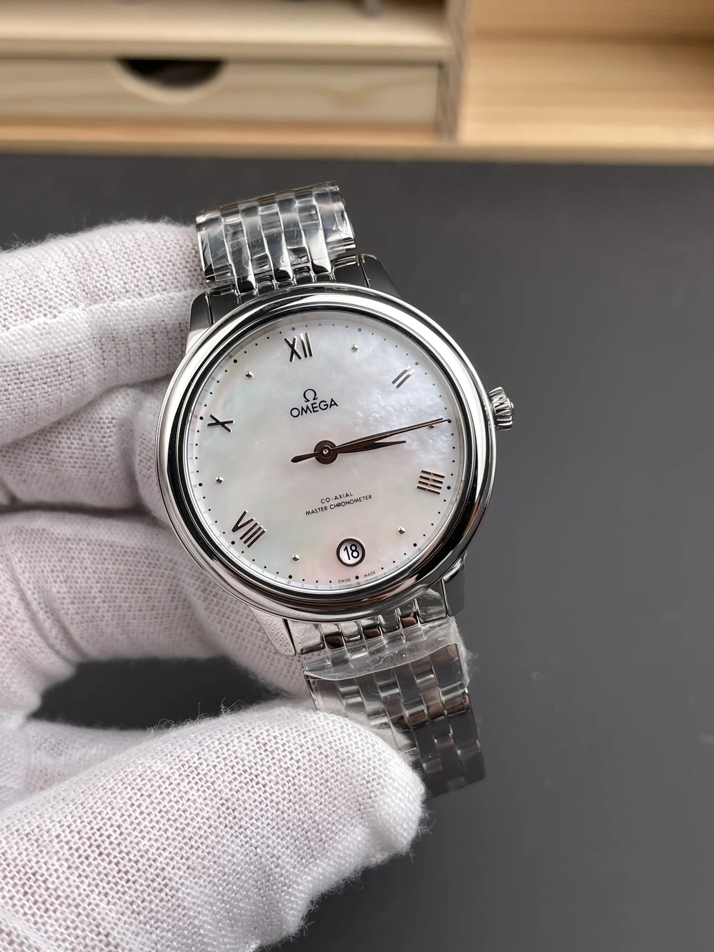 Omega White Dial 34mm — photographed off the sweep