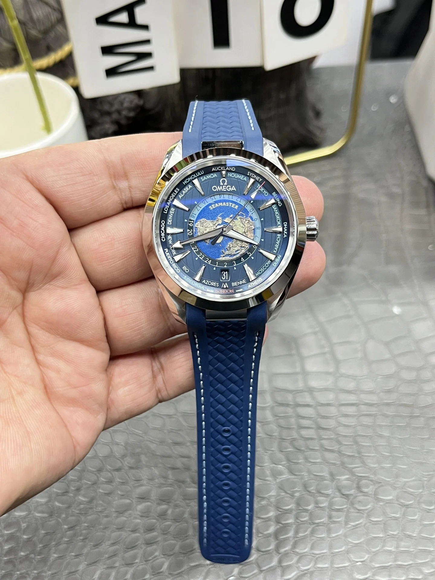 Omega World Time 43mm — photographed off the sweep