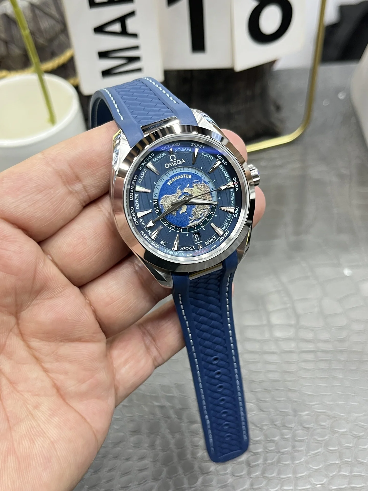 Omega World Time 43mm — photographed off the sweep