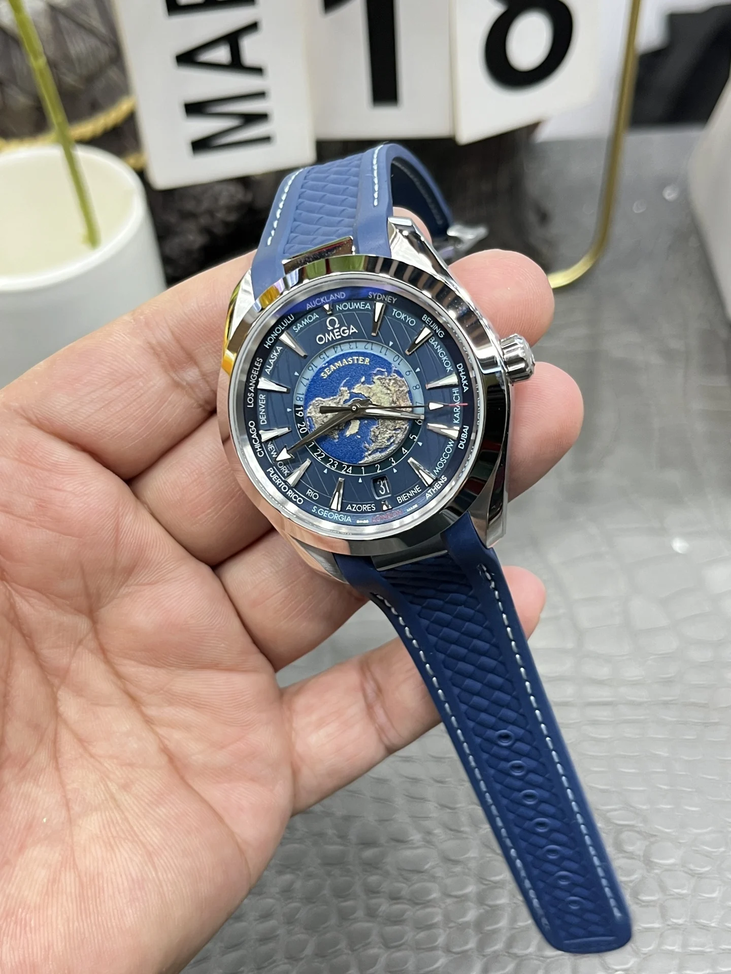 Omega World Time 43mm — photographed off the sweep