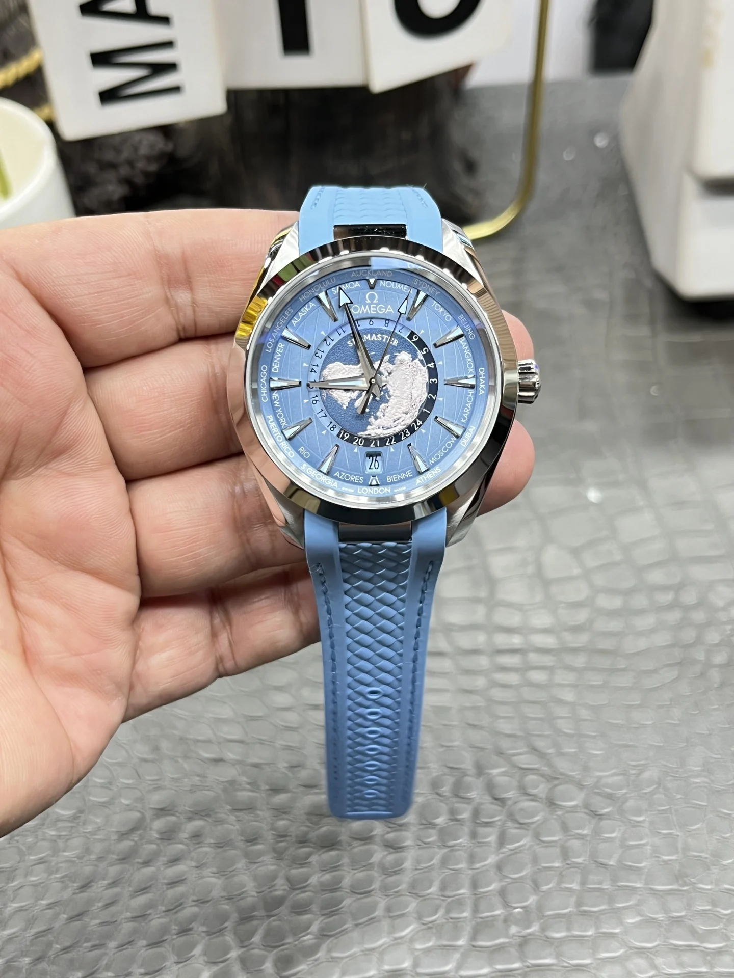 Omega World Time Blue Dial — photographed off the sweep