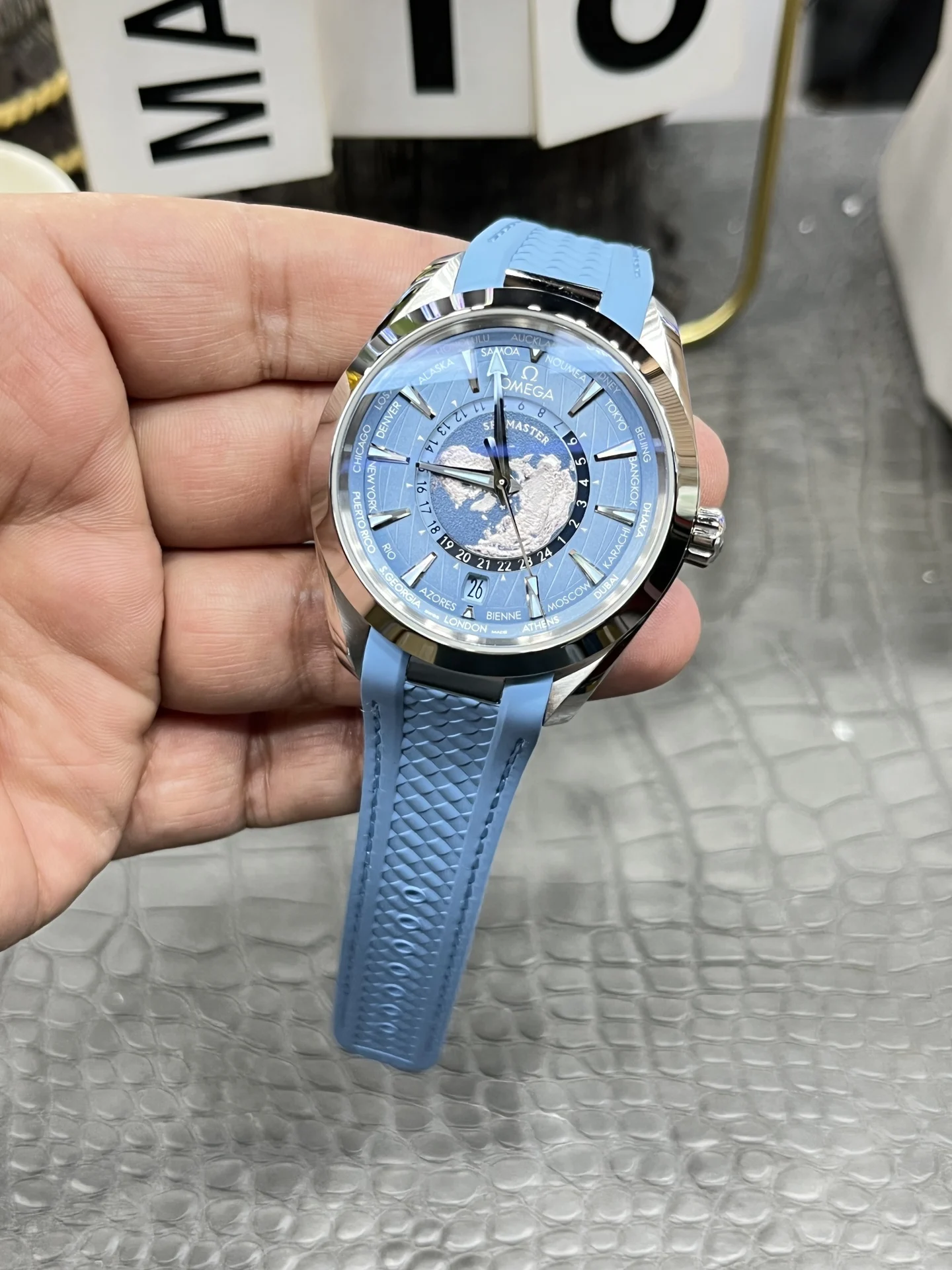 Omega World Time Blue Dial — photographed off the sweep