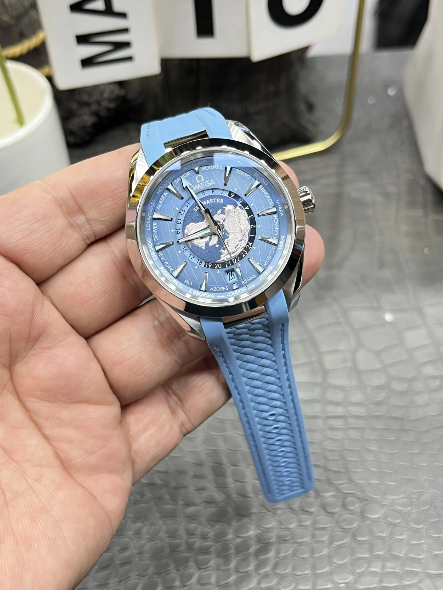 Omega World Time Blue Dial — photographed off the sweep