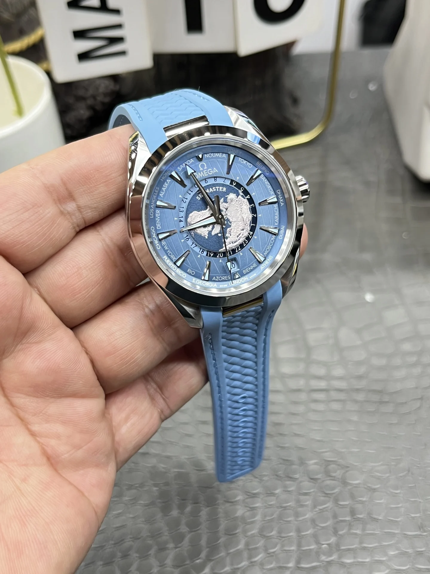 Omega World Time Blue Dial — photographed off the sweep