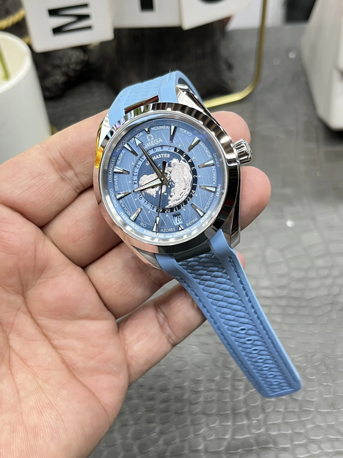 Omega World Time Blue Dial — photographed off the sweep