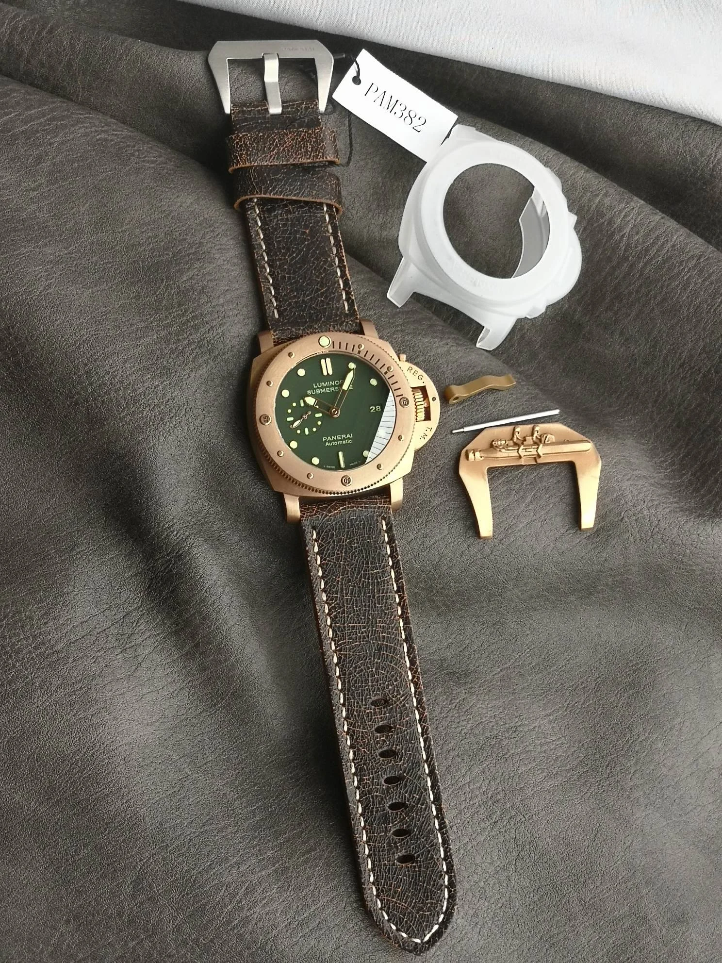 Panerai Bronze Green Dial PAM00382 — photographed off the sweep