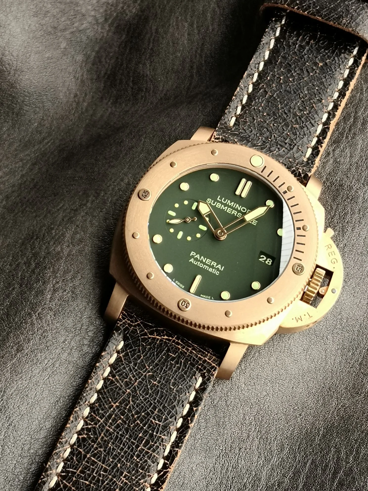Panerai Bronze Green Dial PAM00382 — photographed off the sweep