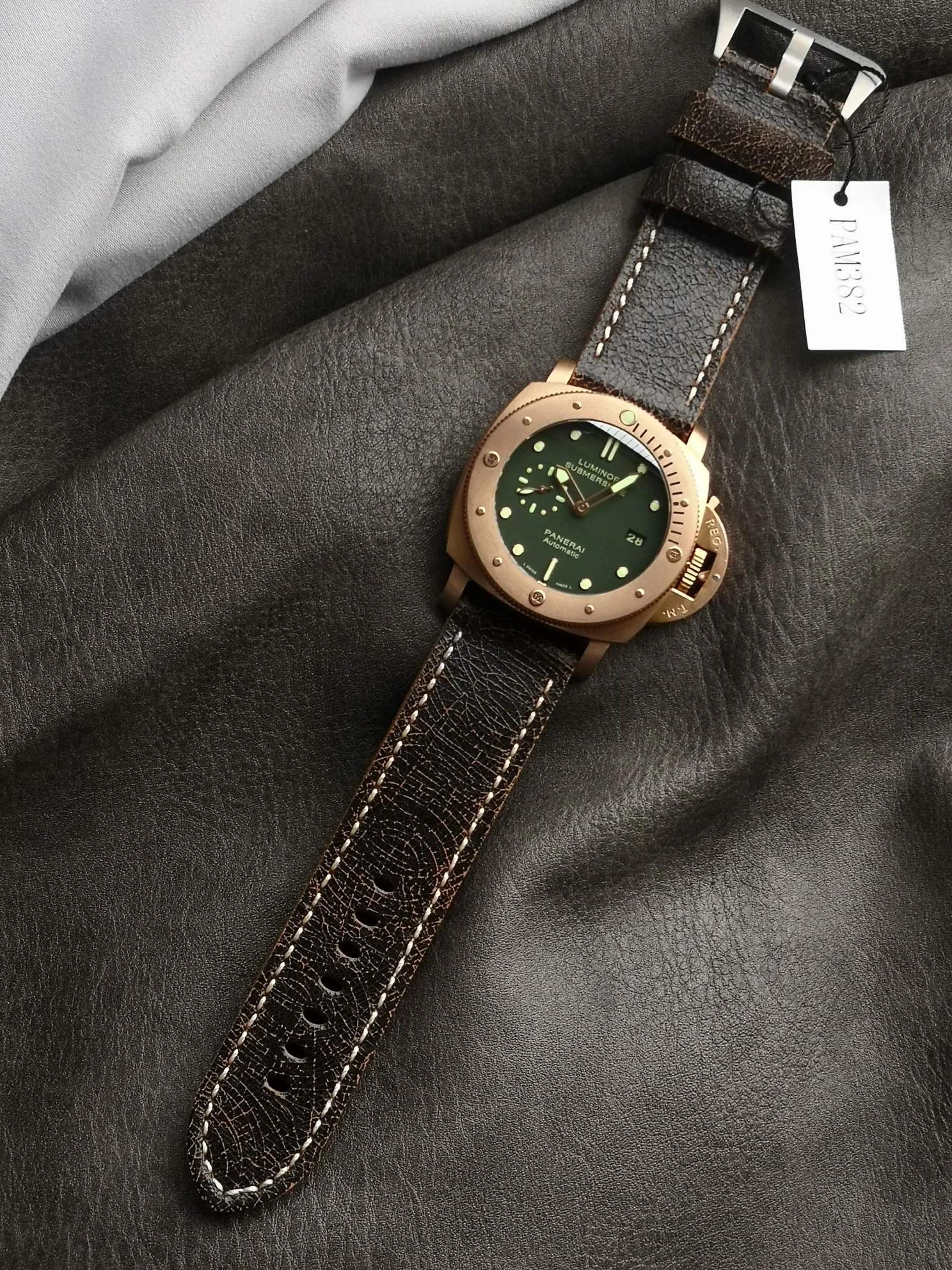 Panerai Bronze Green Dial PAM00382 — photographed off the sweep