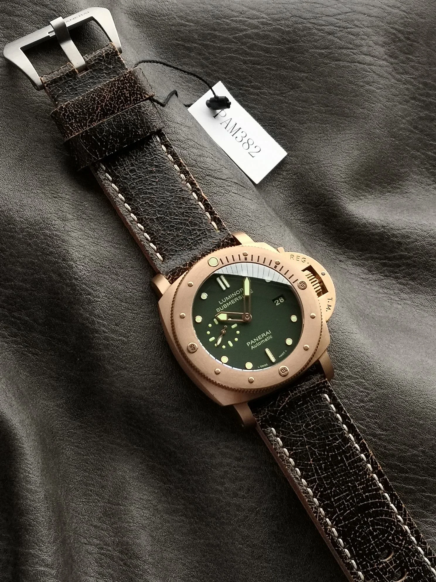 Panerai Bronze Green Dial PAM00382 — photographed off the sweep