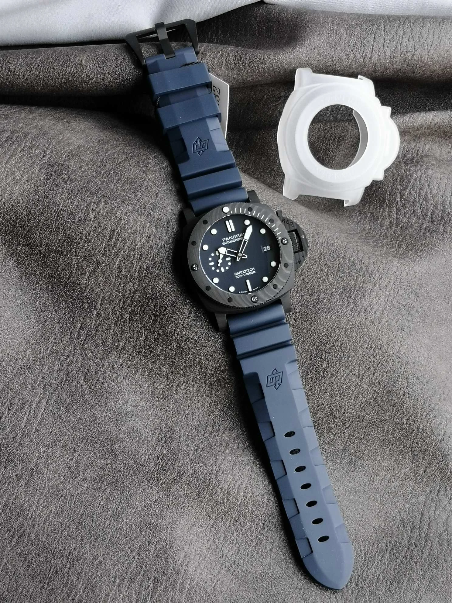 Panerai Carbon Blue Dial PAM01232 — photographed off the sweep