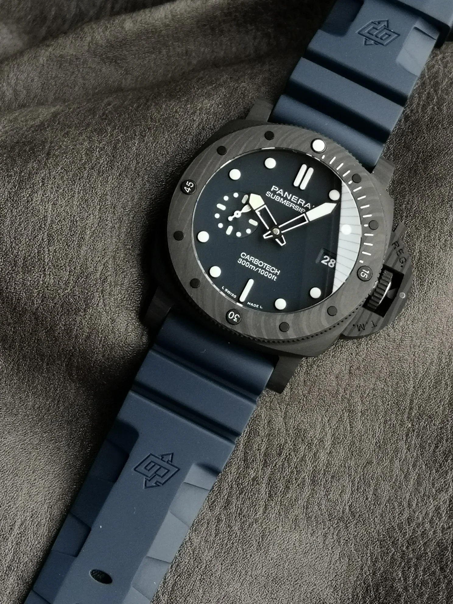Panerai Carbon Blue Dial PAM01232 — photographed off the sweep