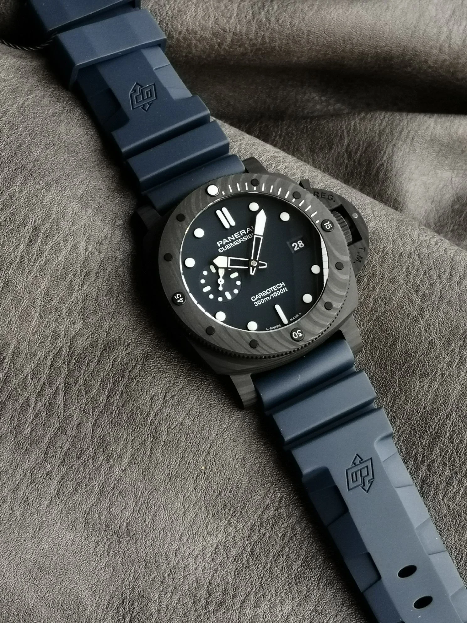 Panerai Carbon Blue Dial PAM01232 — photographed off the sweep